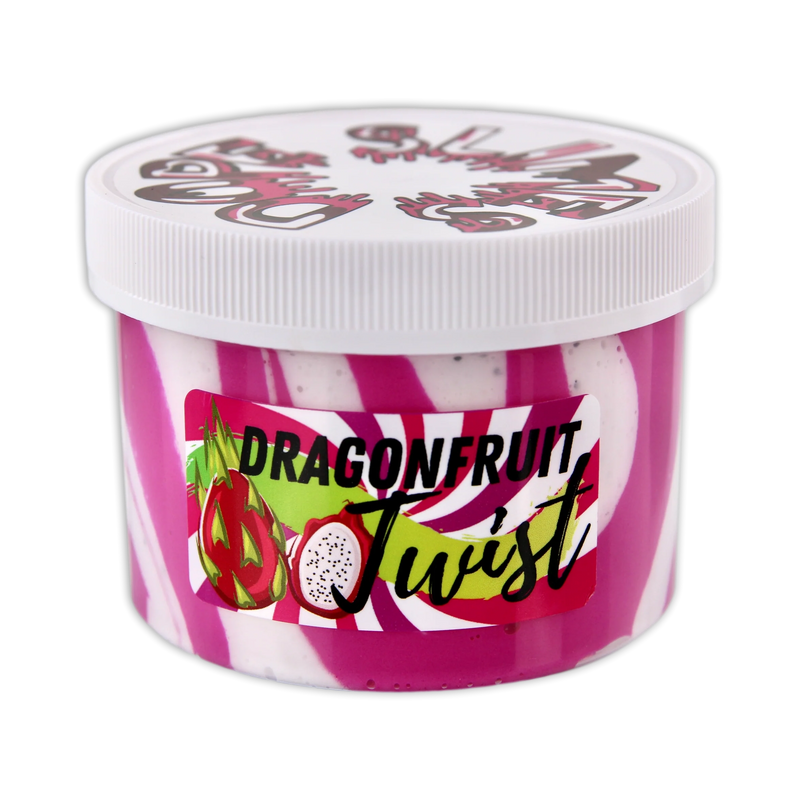 Swirled pink and white slime scented like dragonfruit with clay dragonfruit slices on top. Text on container reads “Dragonfruit Twist