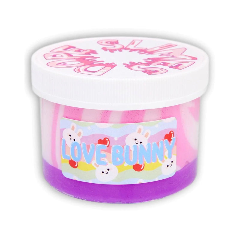 Pink and purple slime with bunny sprinkles in a plastic container. Text on container reads “3  VE BUNNY