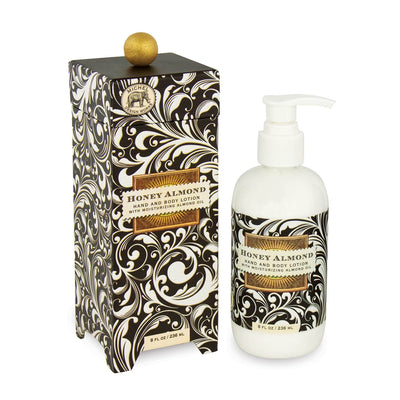 The Honey Almond scent features sweet almonds muddled with cherry, vanilla, and honey. Our hand and body lotion