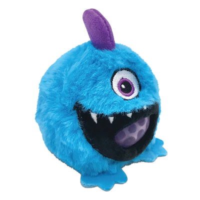 A top fin and big grin, squeezable, gel-filled  cyclopz blue monster plush toy.