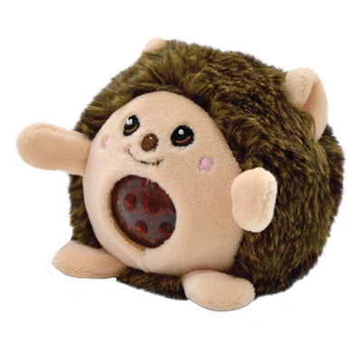 A round, squeezable, gel-filled hedgehog plush toy.