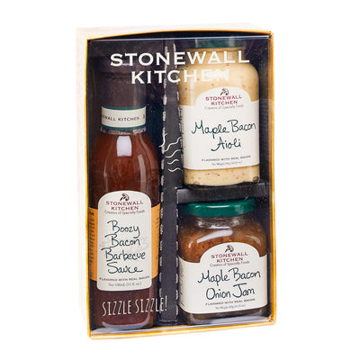 Stonewall Kitchen's 3 Piece Bacon Gift Set includes 1 Maple Bacon Aioli, 1 Maple Bacon Onion Jam, and 1 Boozy Bacon Barbecue Sauce.