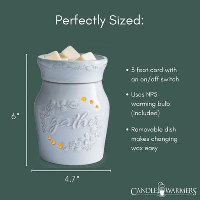 Gather Illumination Fragrance warmers designed to warm scented wax and create the ambient glow of a burning candle.