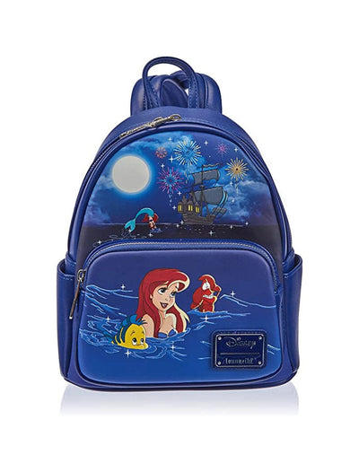 Disney Little Mermaid Fireworks Mini Backpack with Zip Front and Main Pockets and Faux Leather Exterior