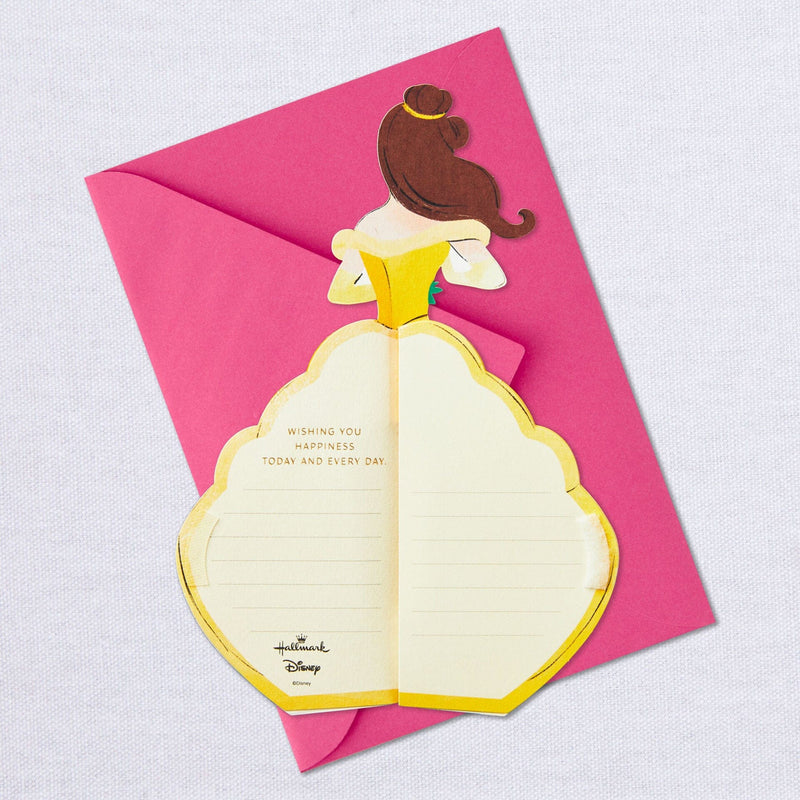 A pop-up greeting card features an intricate laser-cut design of Disney Princess Belle from "Beauty and the Beast."