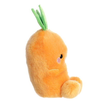 The stuffed carrot has soft orange plush, embroidered rosy cheeks, and a sweet smile.