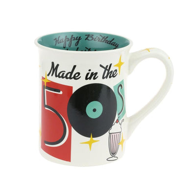 Novelty Coffee Mugs: The Front Of A White Mug Has Made In The 50's" Written On It With A Record For The Zero.