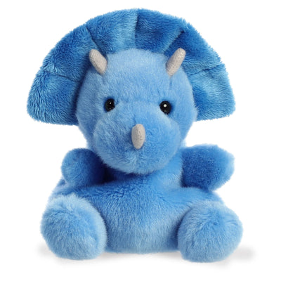 Blue plush dinosaur toy with short horns and yellow chest