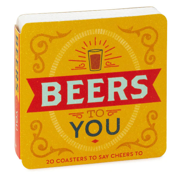 Hallmark Beers to You drink coaster book with bold yellow and red cover