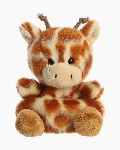 Brown plush giraffe with a tan colored mane and tail. It has black eyes and a stitched smile.