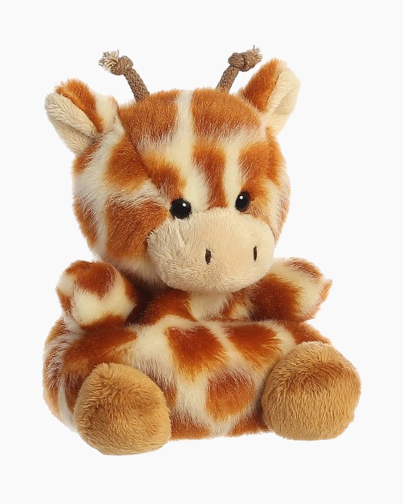 Brown plush giraffe with a tan colored mane and tail. It has black eyes and a stitched smile.
