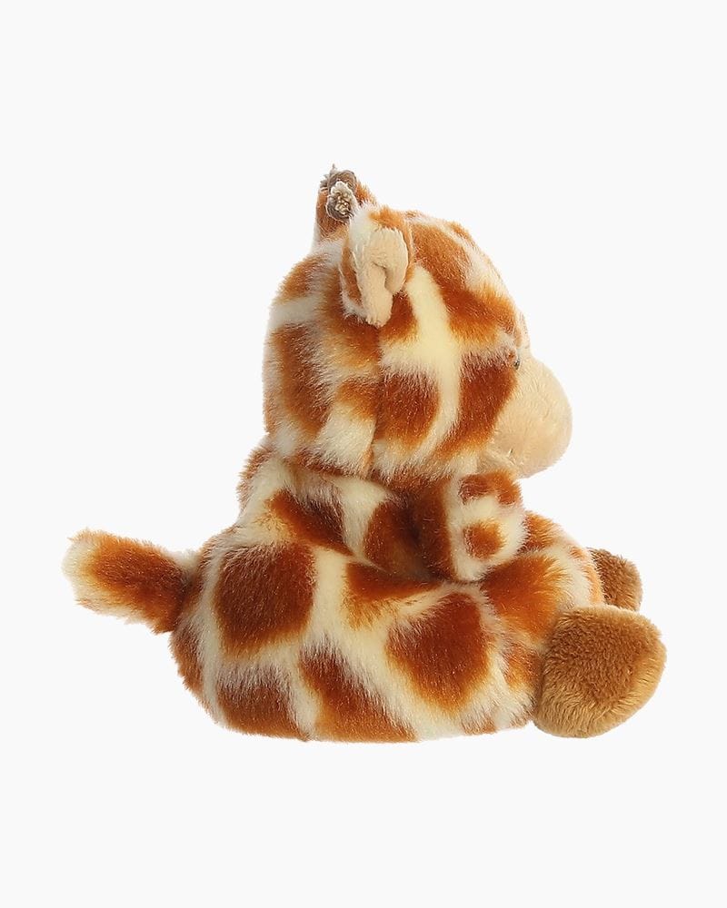 Brown plush giraffe with a tan colored mane and tail. It has black eyes and a stitched smile.