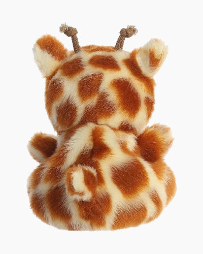 Brown plush giraffe with a tan colored mane and tail. It has black eyes and a stitched smile.