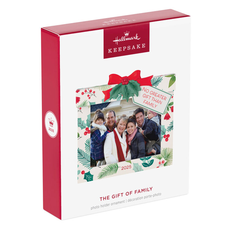 2025 Christmas photo frame ornament shaped like a wrapped gift box with festive bow and sweet message

