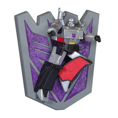 Megatron ornament, Transformers villain, fusion cannon raised, purple Decepticon shield, Hallmark Keepsake, Christmas tree decoration.