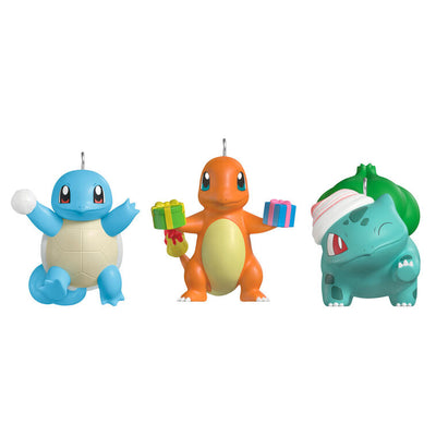 Hallmark Keepsake Mini Pokémon ornaments set—Squirtle, Charmander, Bulbasaur in holiday outfits, with gifts, snowball, and stocking cap, set of three