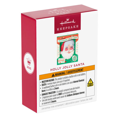 Retro Santa face ornament in festive box with light-up rosy cheeks and beard, battery operated Christmas decoration

