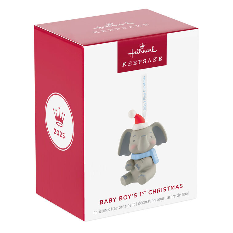 Gray elephant ornament with Santa hat and pink scarf, holding a 2025 baby girl’s first Christmas ribbon.