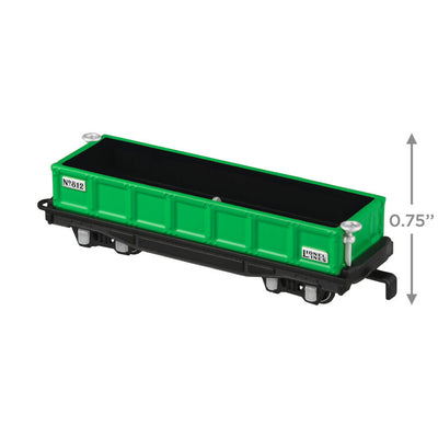 Hallmark Keepsake Lionel 812 Gondola Car ornament, green die-cast metal open-top railroad car with wheels that turn, for Lionel Trains collectors