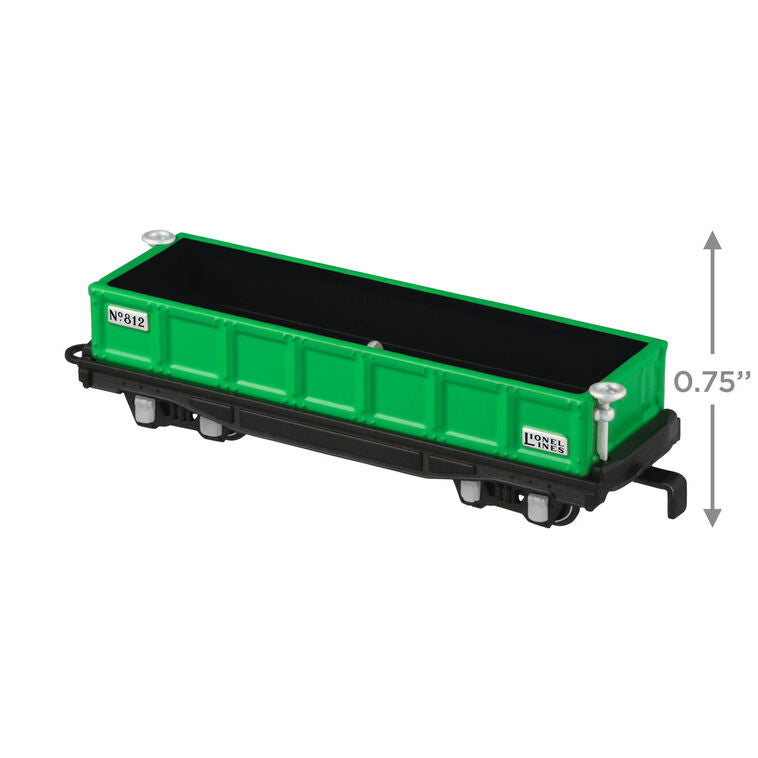 Hallmark Keepsake Lionel 812 Gondola Car ornament, green die-cast metal open-top railroad car with wheels that turn, for Lionel Trains collectors