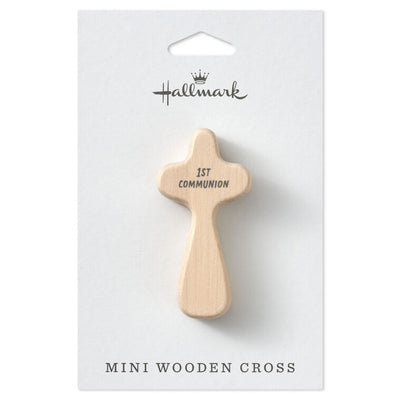 Hallmark light wood mini comfort cross with “1st Communion” and Luke 24:30 printed in gray lettering.