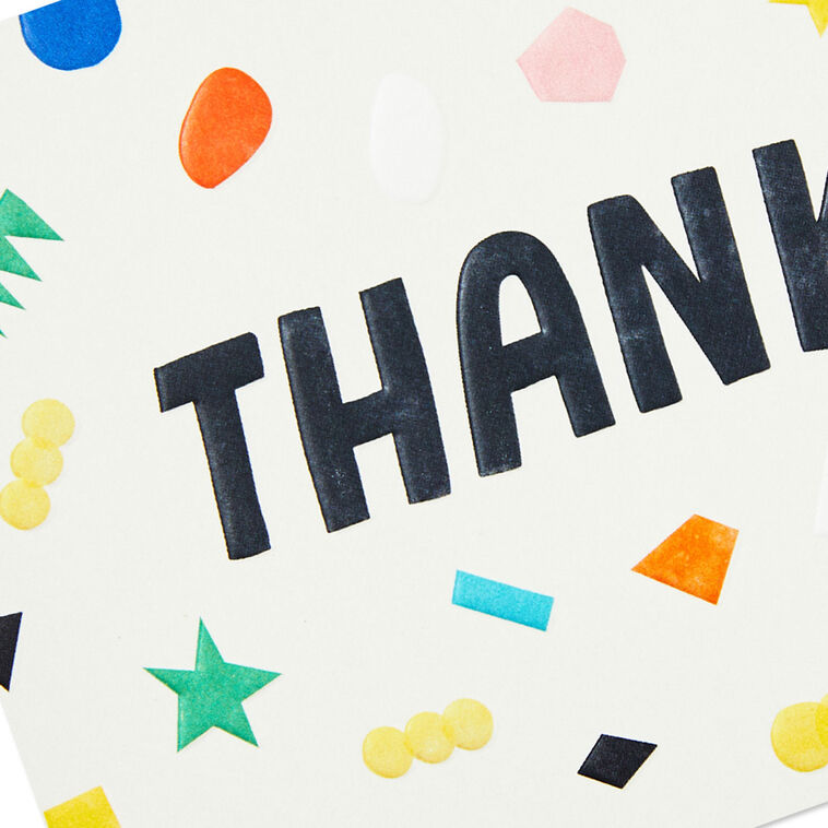 Thank you cards with colorful confetti and bold black lettering on cream background, includes 24 blank cards and envelopes in kraft box