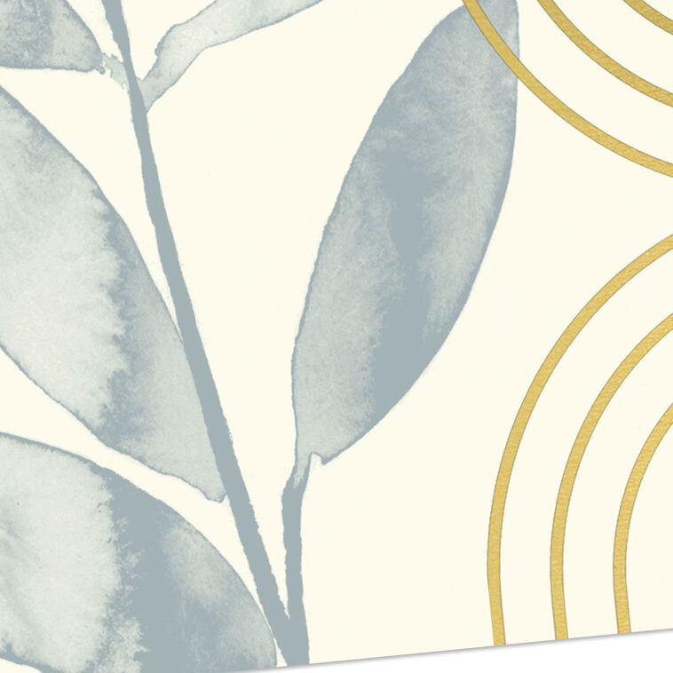 Ivory blank note cards with blue-gray eucalyptus branch artwork and gold foil concentric arch accents.
