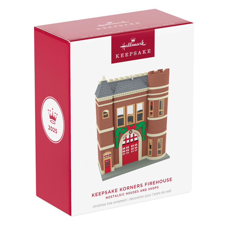 Red brick firehouse with festive garland, red door, and dalmatian dog, Hallmark Keepsake Korners Christmas ornament