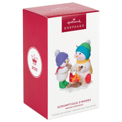 Hallmark Keepsake Making Memories Scrumptious S’mores ornament—two snowmen roasting marshmallows over campfire, winter hats and scarves