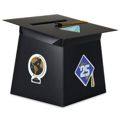 Mortarboard-shaped graduation card holder box with a gold tassel and 2025 stickers for personalizing, perfect for collecting cards and well wishes at a grad party.

