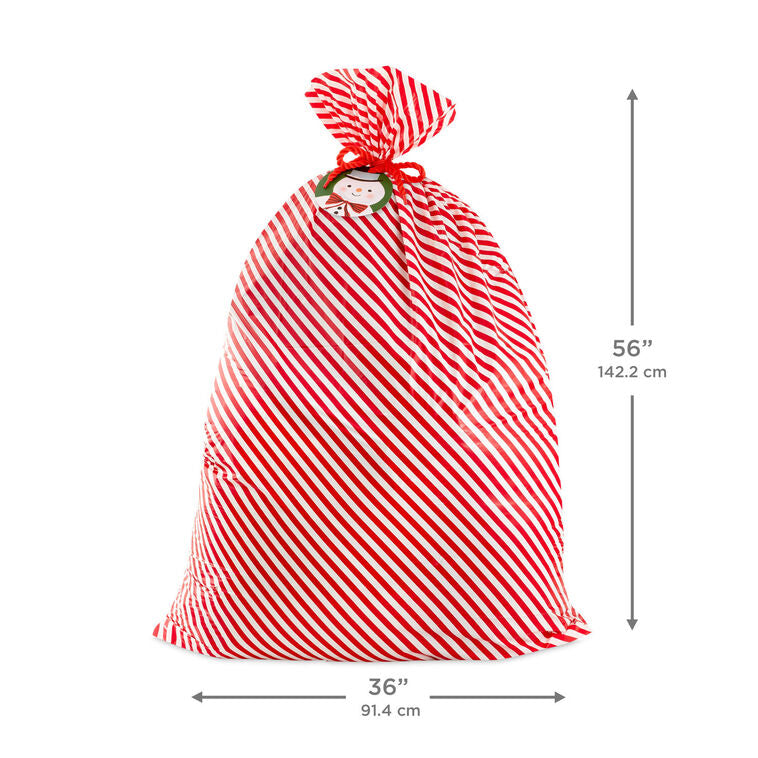 56" Red and White Striped Giant Plastic Christmas Gift Bag With Snowman Tag and Tie