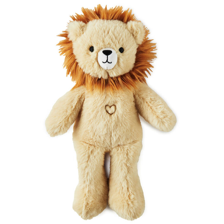 Hallmark lion plush toy with golden fur, brown mane, and heart-shaped sound button on chest.