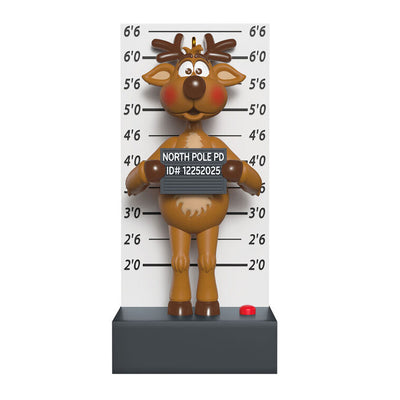 Funny reindeer Christmas ornament in a mug shot pose, plays “Grandma Got Run Over by a Reindeer,” battery operated

