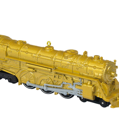 Lionel Trains New York Central 700E Hudson gold metal Christmas ornament by Hallmark Keepsake, die-cast steam engine with shiny metallic finish.