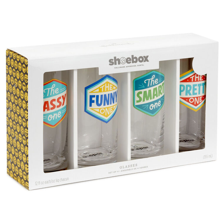 Set of four tall drinking glasses with colorful text: The Sassy One, The Funny One, The Smart One, The Pretty One.
