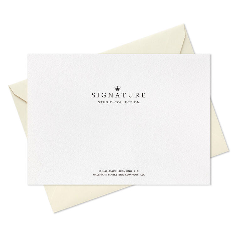 Boxed blank notes with colorful modern lettering on off-white cardstock and gold foil accents, includes foil-lined envelopes.
