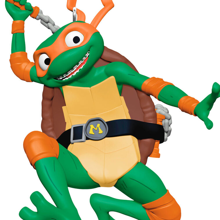 Michelangelo Teenage Mutant Ninja Turtle ornament in orange mask with nunchucks, Hallmark Keepsake Christmas tree decoration.