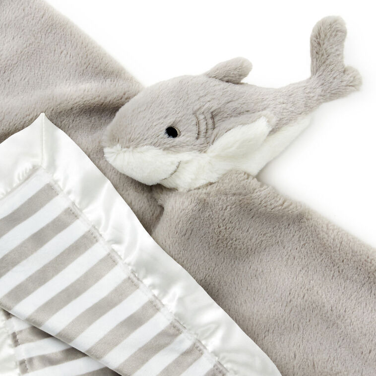 Gray and white shark lovey blanket with plush fabric, satin trim, and embroidered details—perfect for snuggling babies
