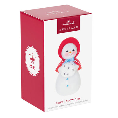 Hallmark Keepsake Sweet Snow Girl porcelain ornament, vintage snow lady with red bonnet, rosy cheeks, and fluffy scarf.