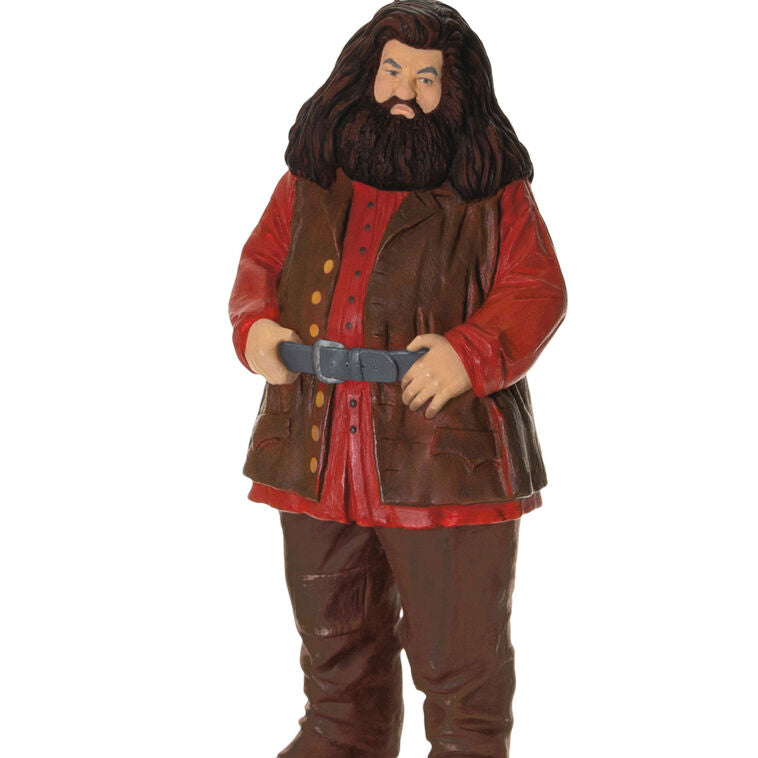 Hallmark Keepsake ornament of Hagrid from Harry Potter, standing on stone base with red coat, light and sound Chamber of Secrets Collection
