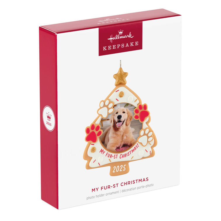 Pet photo frame ornament shaped like a cookie tree with paw prints, faux sprinkles, and year-dated 2025 for first Christmas

