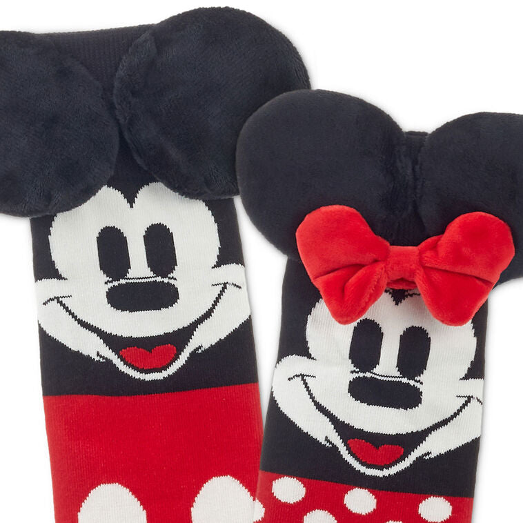 Disney Mickey and Minnie Mouse novelty socks with 3D ears and bow; mismatched crew socks make a fun gift for Disney fans.