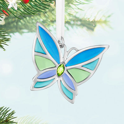 Mini Bitty Bright Butterfly miniature Christmas tree ornament with blue and green metal wings and shiny silver detailing