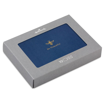Navy blue thank you cards with gold foil bee illustration and message be thankful, includes 10 blank cards and white envelopes