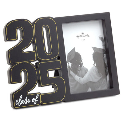 Black wood graduation photo frame with sculpted metallic gold "2025" numbers, white script lettering, and a 4x6 vertical photo opening for a grad's picture.

