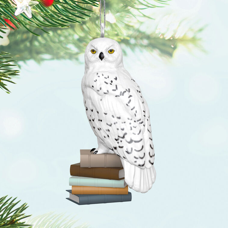 Hedwig snowy white owl perched on a stack of books, Hallmark mini Christmas ornament, Harry Potter collectible