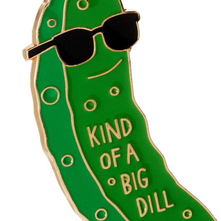Hallmark pickle keychain with green enamel charm that says “Kind of a Big Dill” in white letters and a black accent tag.