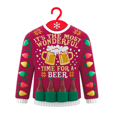Red Christmas sweater ornament with beer mugs, bottles, and string lights design.

