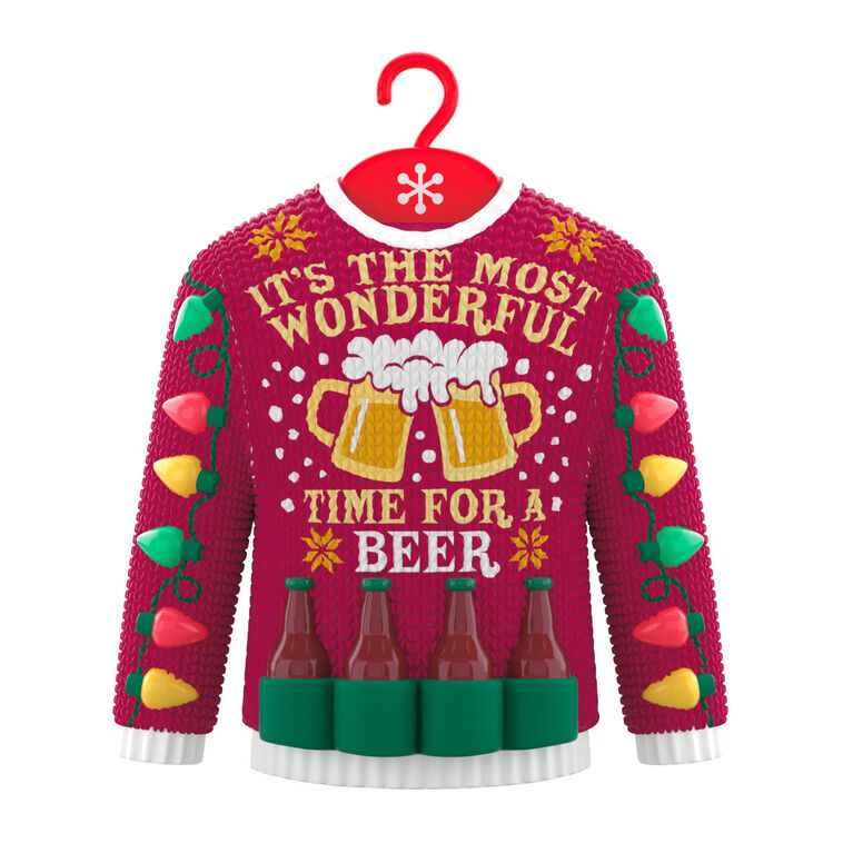 Red Christmas sweater ornament with beer mugs, bottles, and string lights design.

