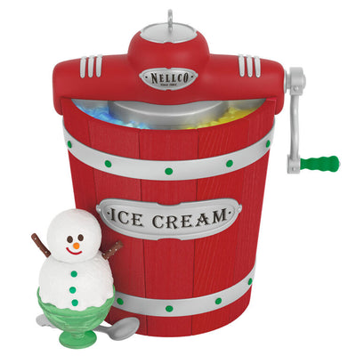 Homemade ice cream maker ornament with snowman sundae, musical light-up holiday decoration, battery operated


